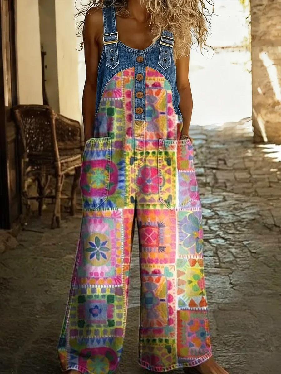 Women's Retro Floral Color-Blocked Art Print Washed Cotton Denim Patchwork Jumpsuit